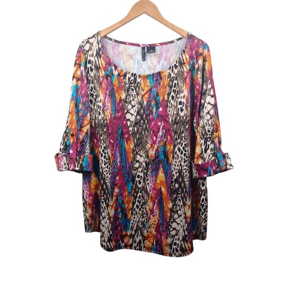 New Directions Women 2X Mixed Print Tunic Top Roll Tab Sleeve Stretch Knit Artsy - Picture 1 of 8